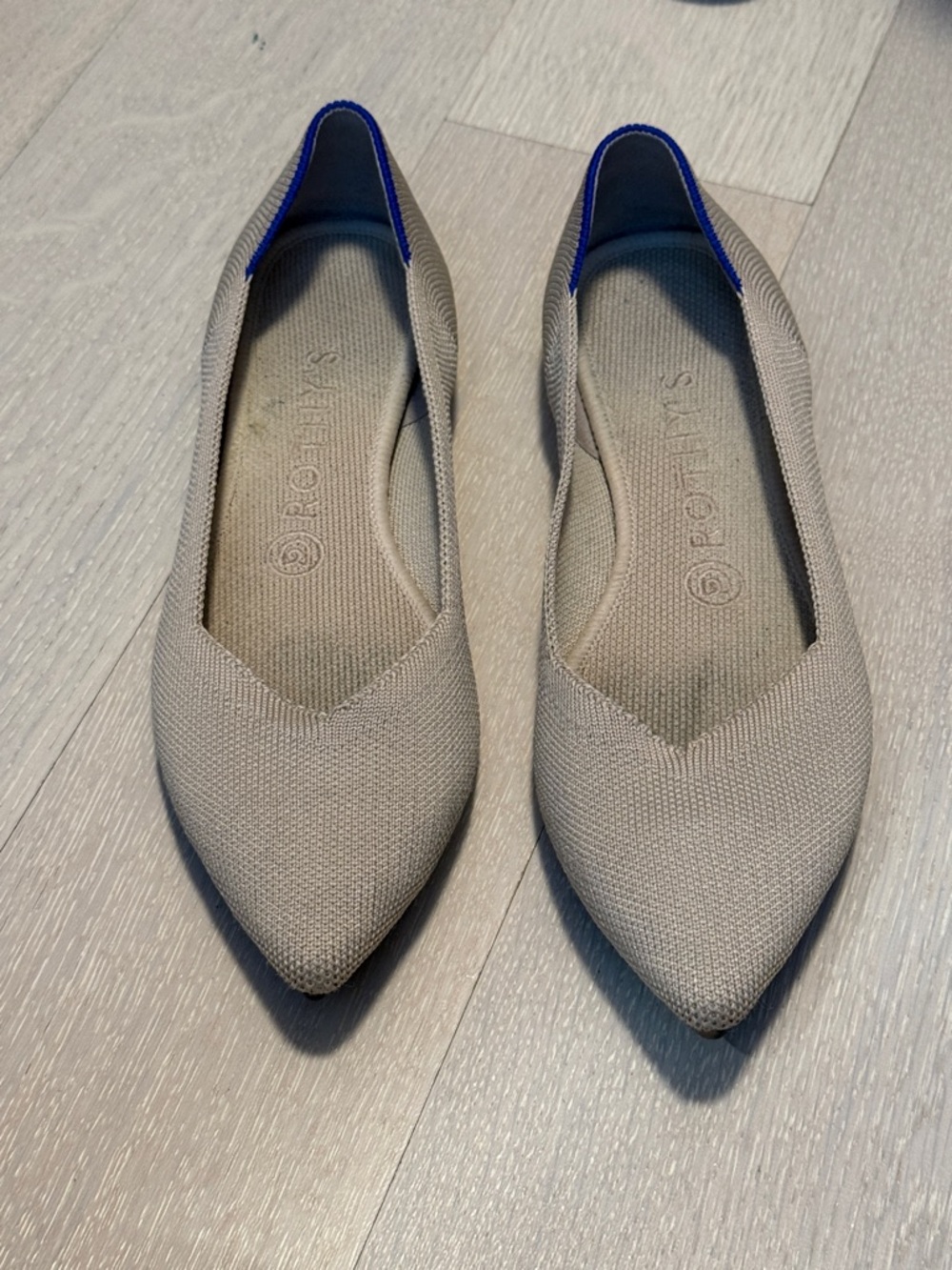 Rothy's Pointed Knit Flats in Taupe with Blue Trim